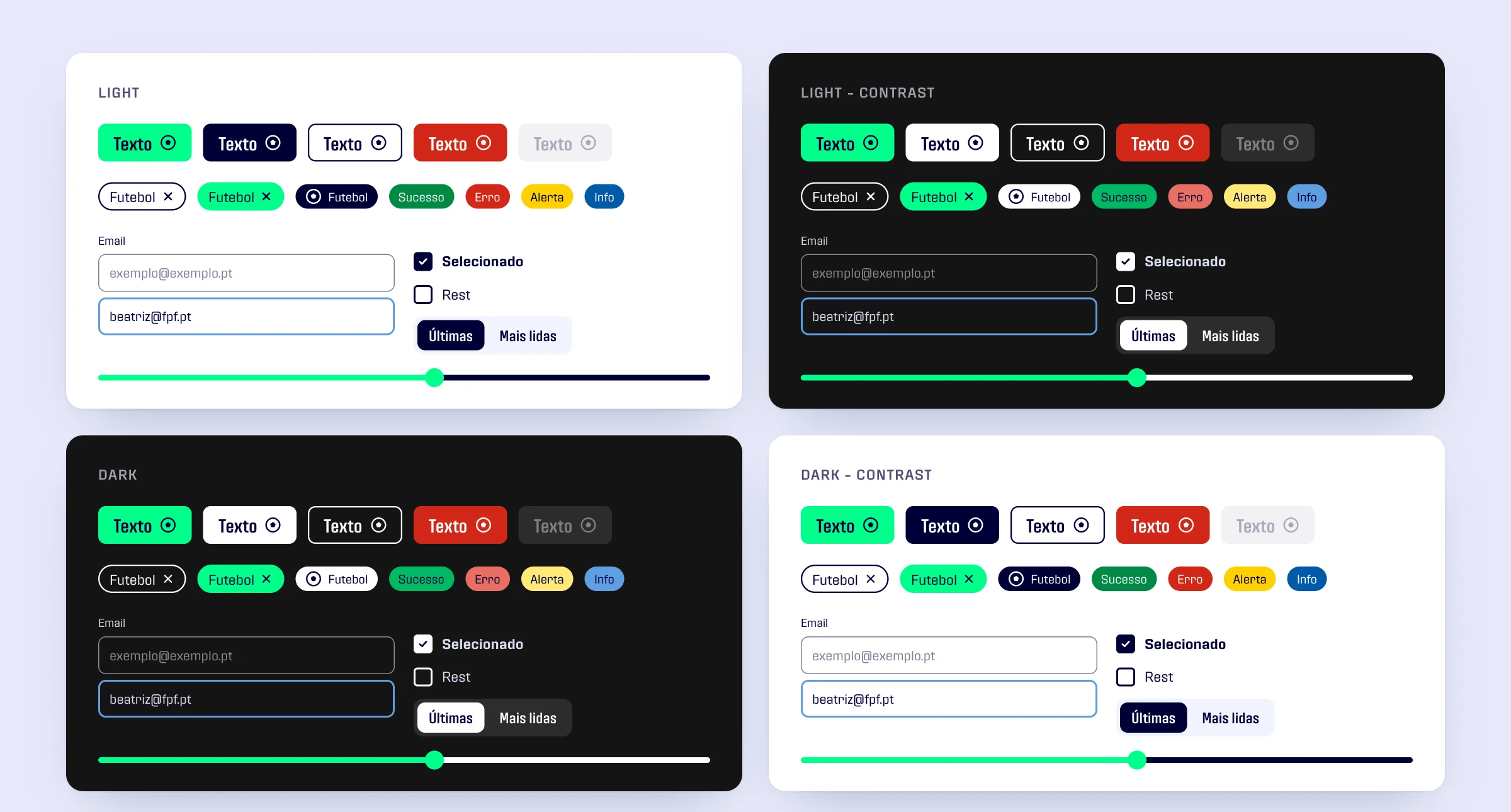 Buttons, tags, badges, inputs, checkboxes, tabs and slider in the four token modes