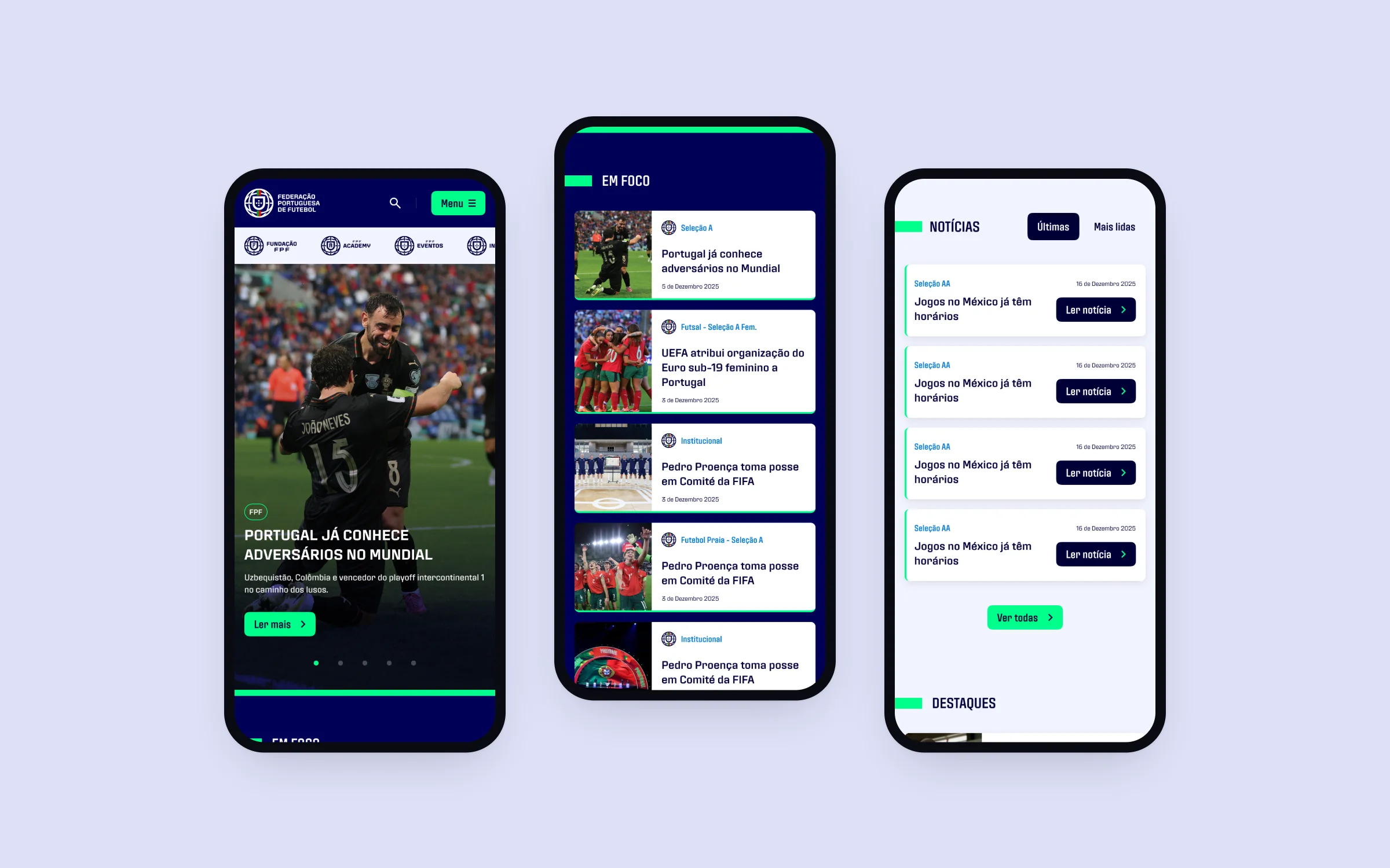 Three screens of the FPF mobile home page: hero, Em foco and Notícias