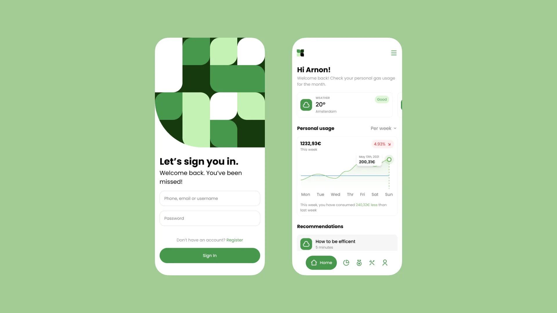 Homii sign-in and home screens on green