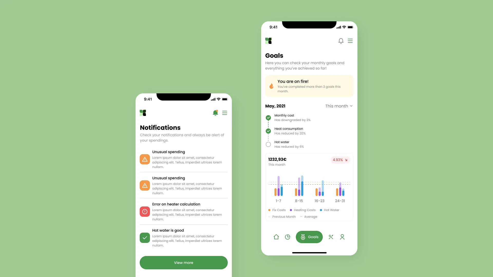 Homii notifications and monthly goals screens