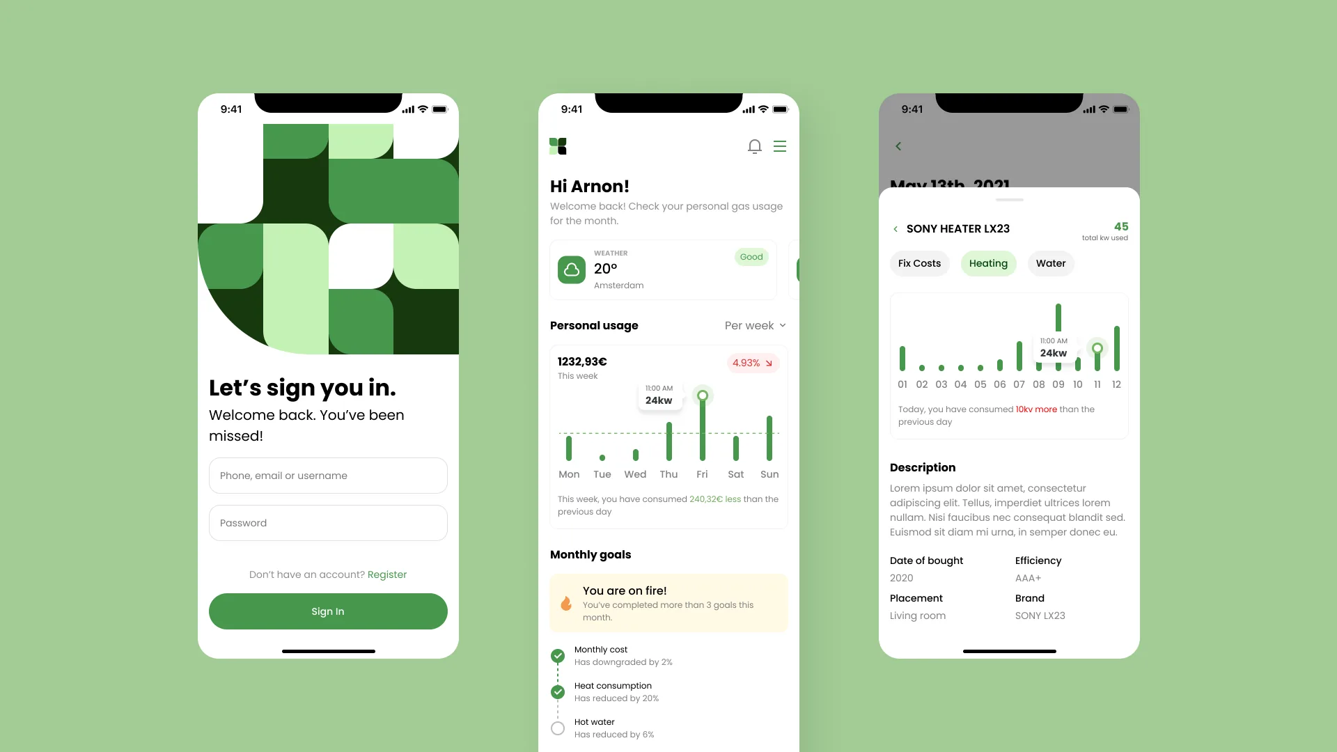 Homii sign-in, home dashboard and device detail screens