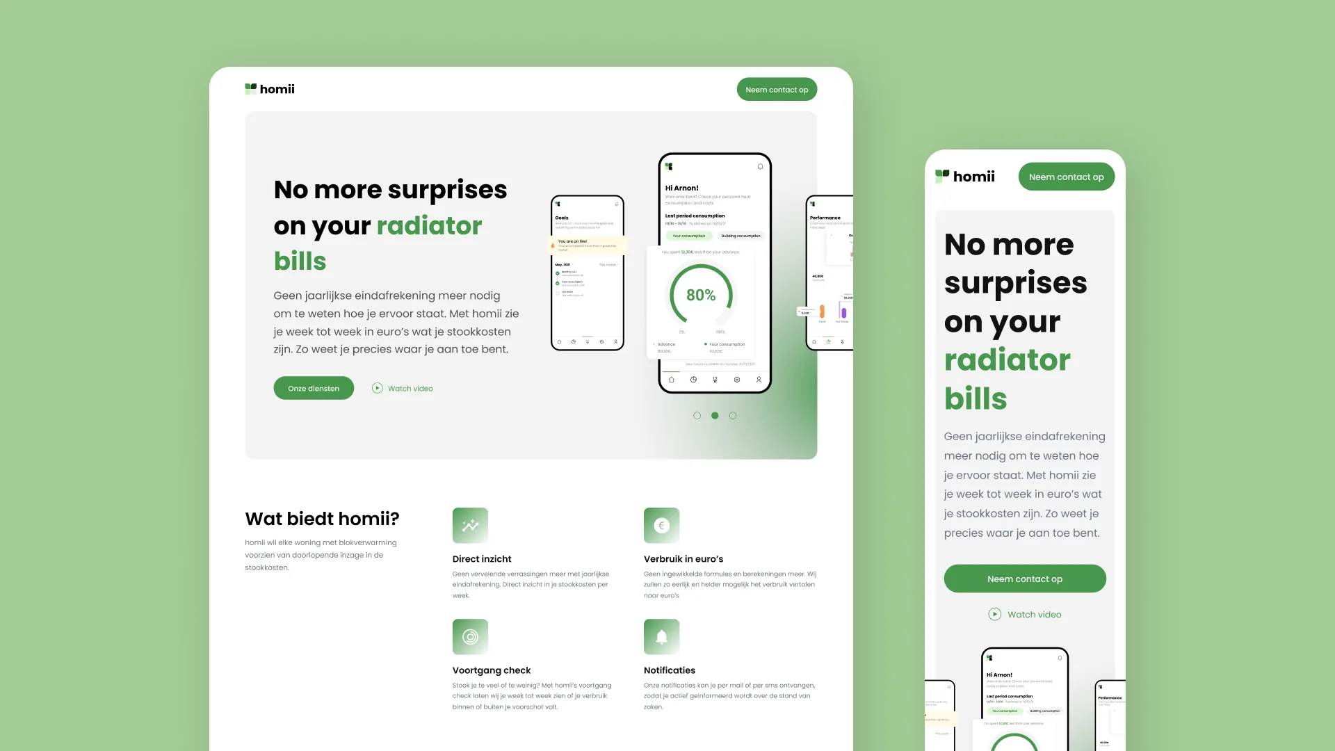 Homii marketing website: “No more surprises on your radiator bills” on desktop and mobile