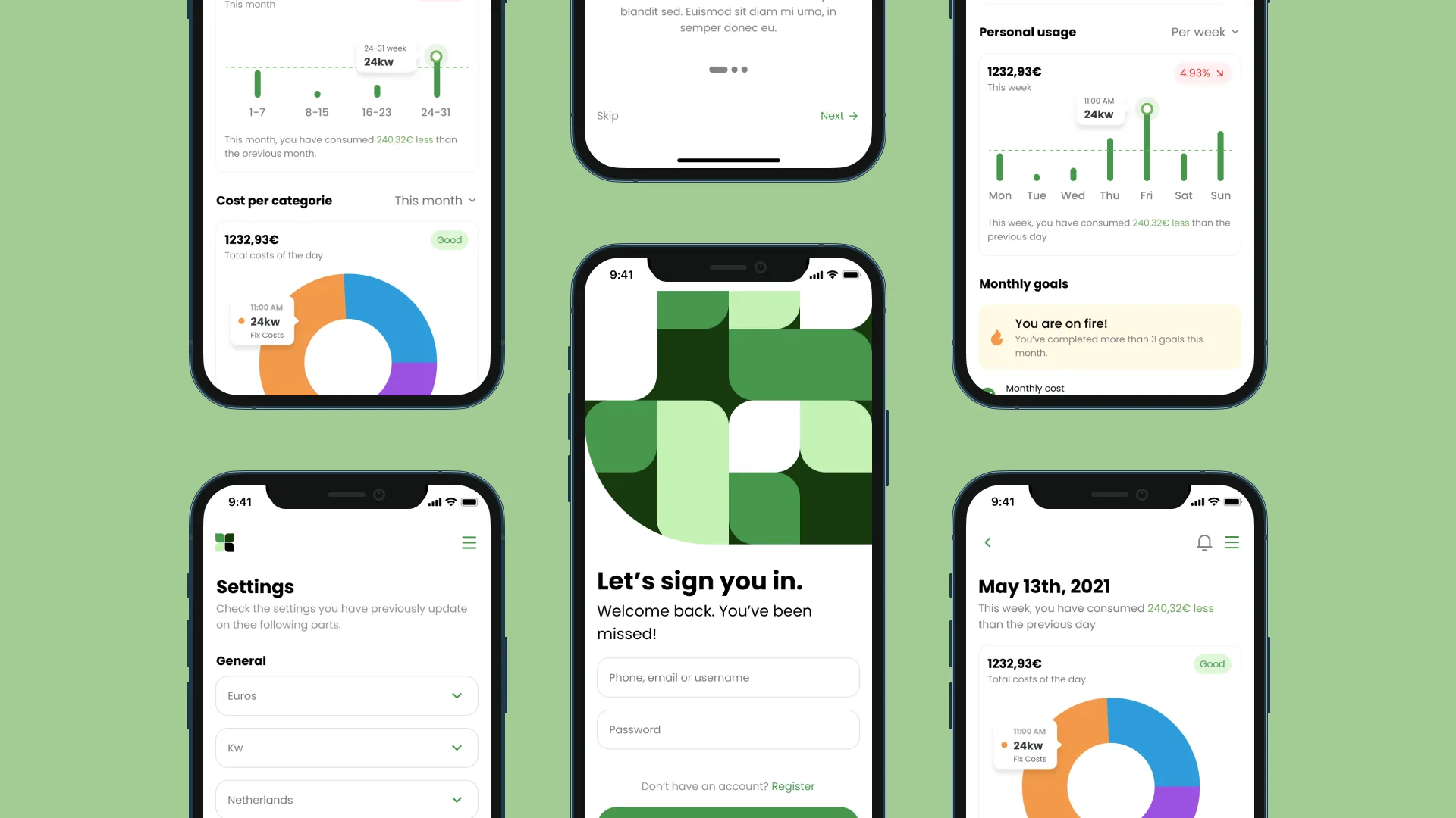 Homii settings, sign-in and daily consumption screens