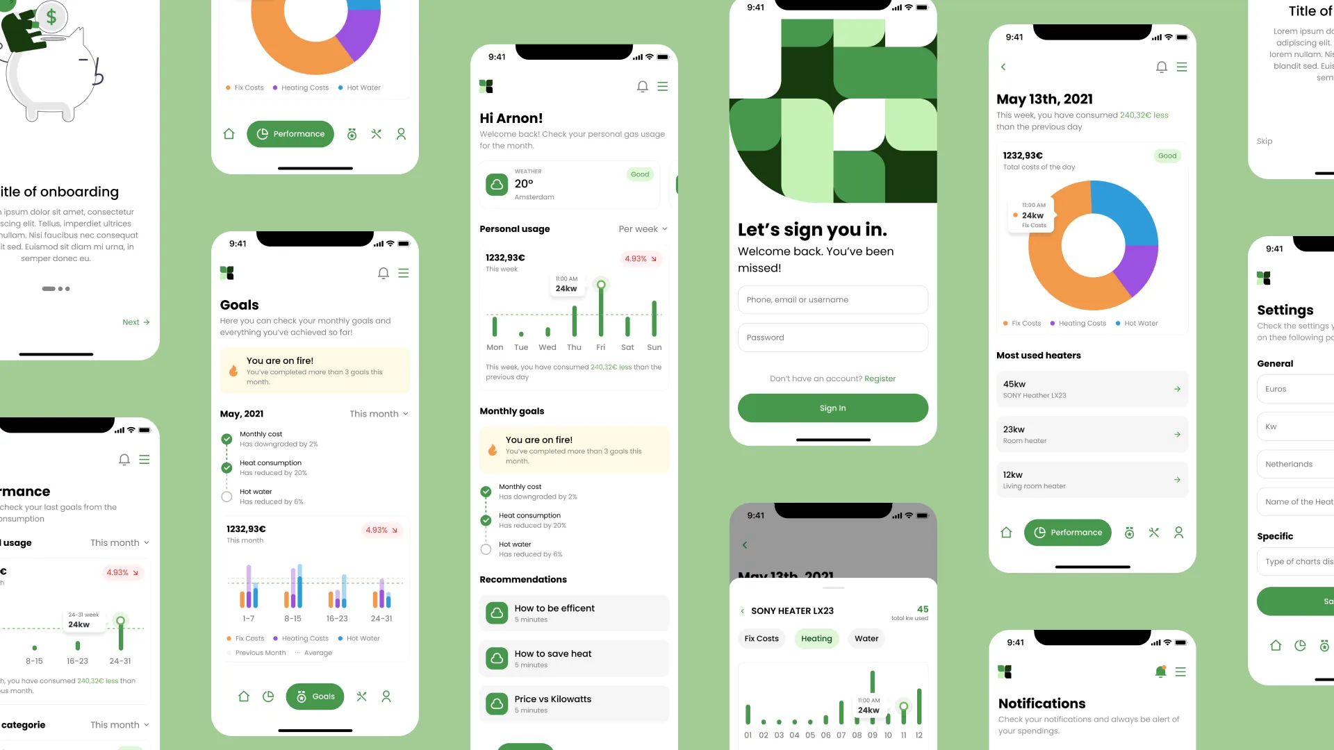 Overview of Homii app screens: onboarding, goals, usage charts and settings