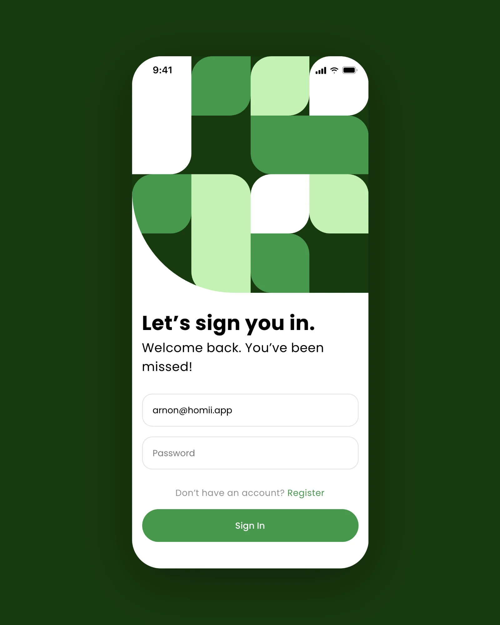 Homii sign-in screen with the brand’s green leaf pattern