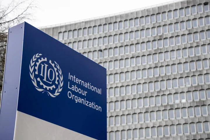 ILO headquarters sign in front of the building