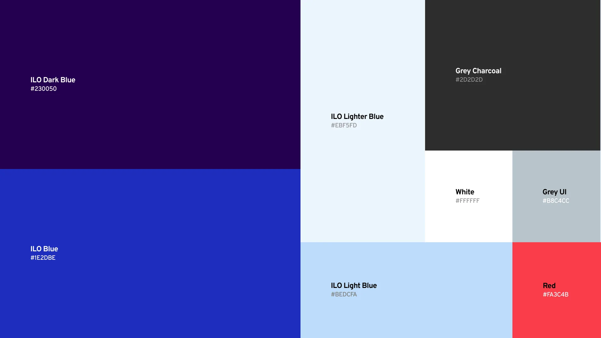 ILO colour palette: dark blue, blue, light blues, greys and red