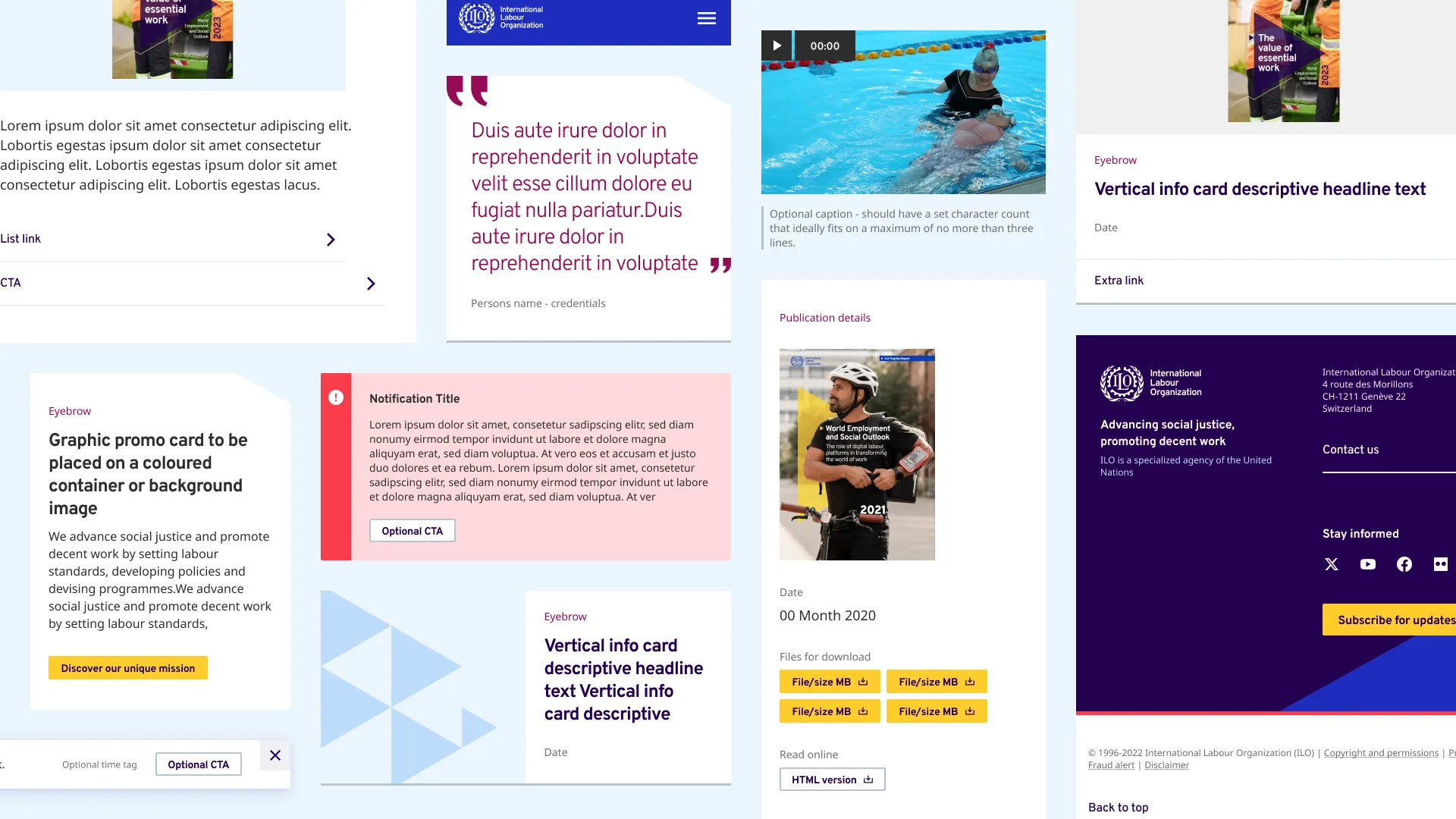 Library of ILO website components: cards, quotes, notifications and footer