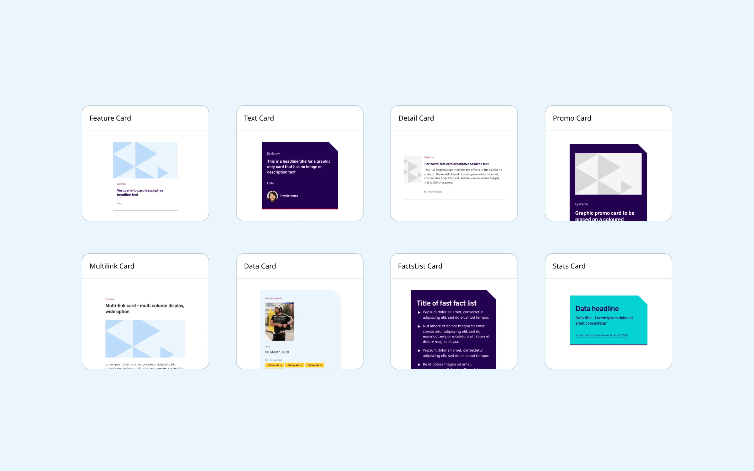 ILO card library: feature, text, detail, promo, multilink, data, facts and stats cards