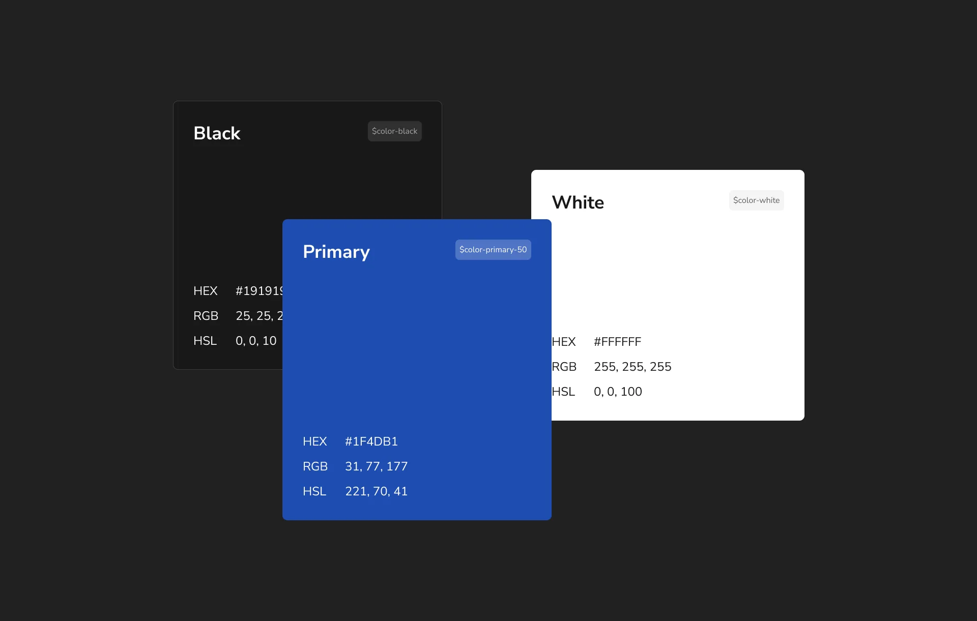 Lisboa core colour cards: Black, Primary blue and White with HEX, RGB and HSL values