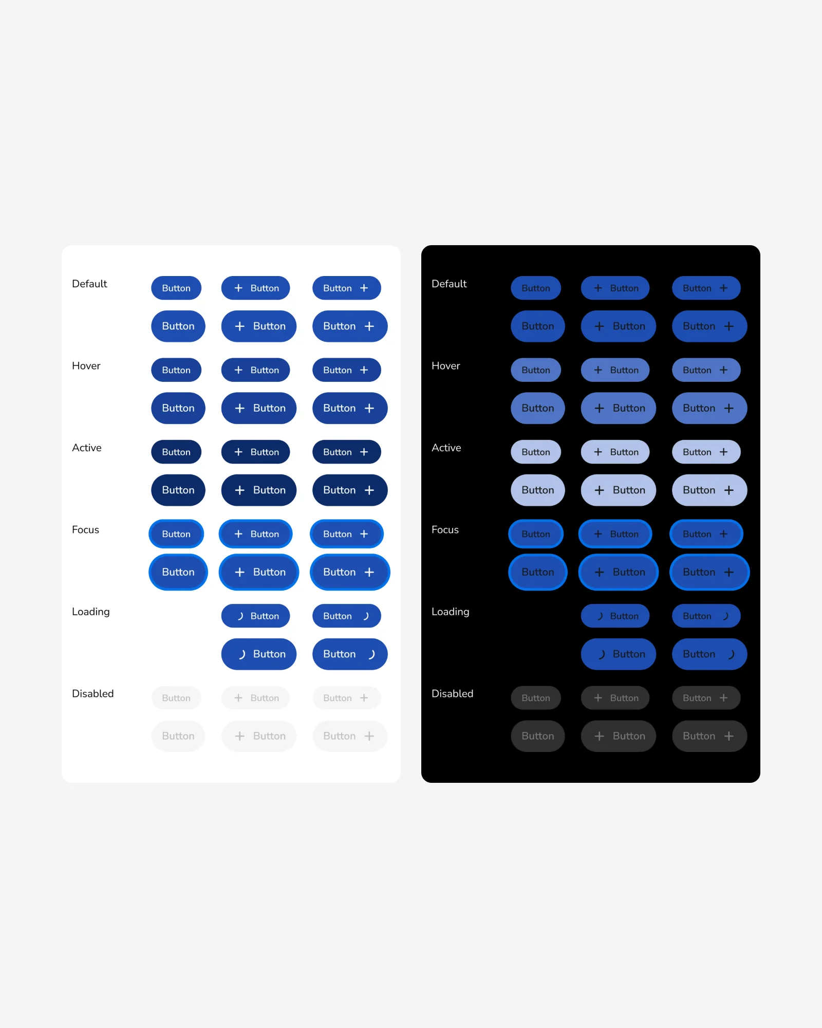 Lisboa button states from default to disabled in light and dark themes