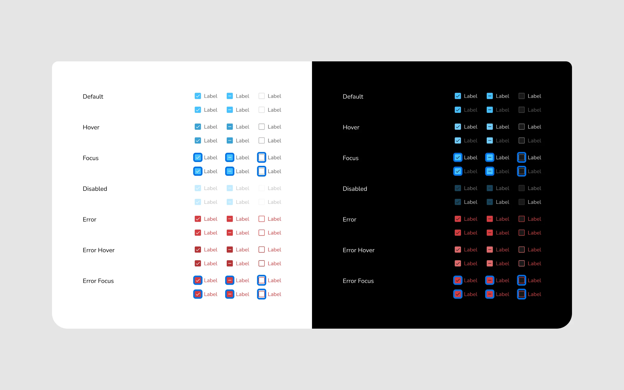 Lisboa checkbox states, including error, in light and dark themes