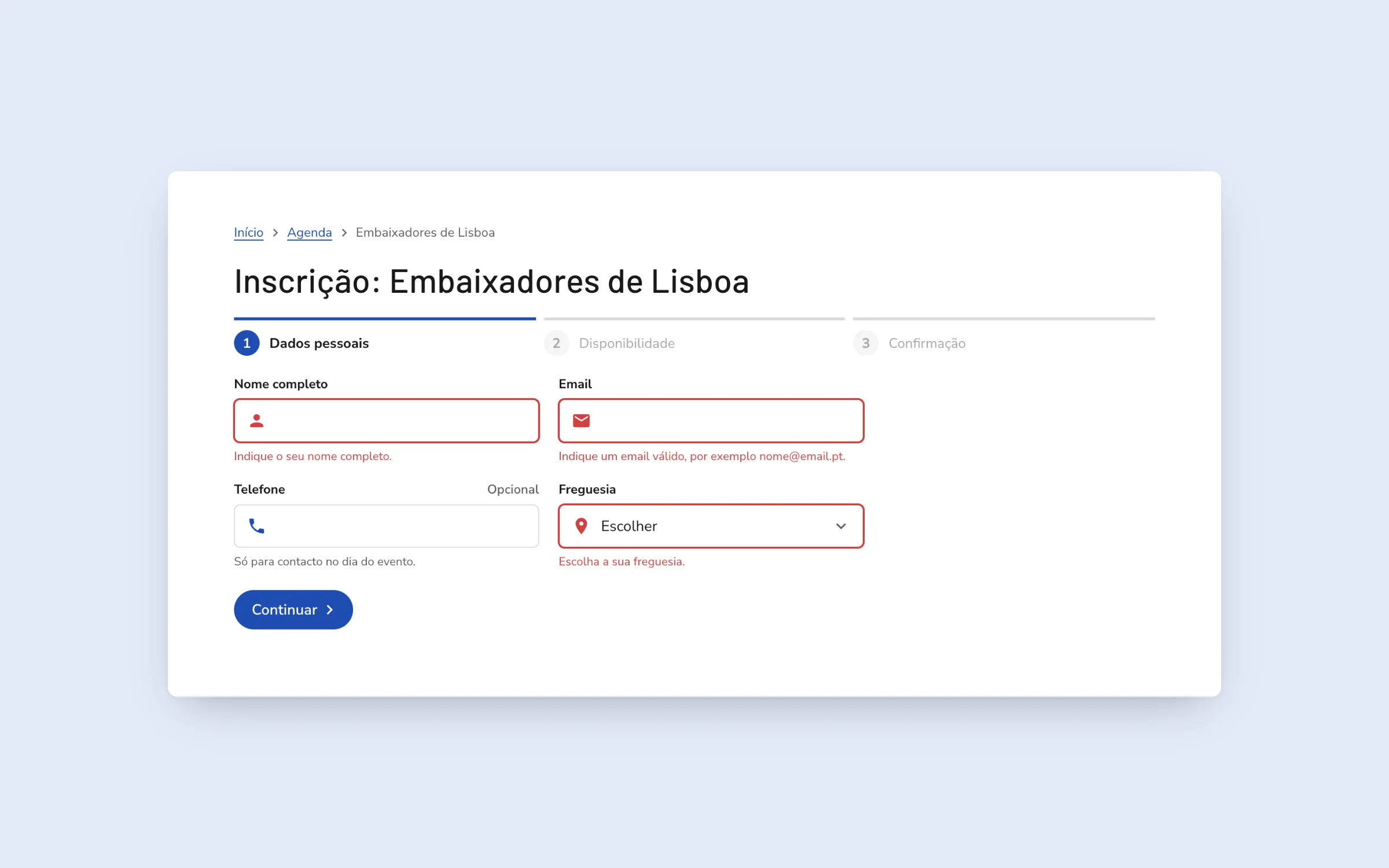 Lisboa form validation on the “Embaixadores de Lisboa” sign-up form