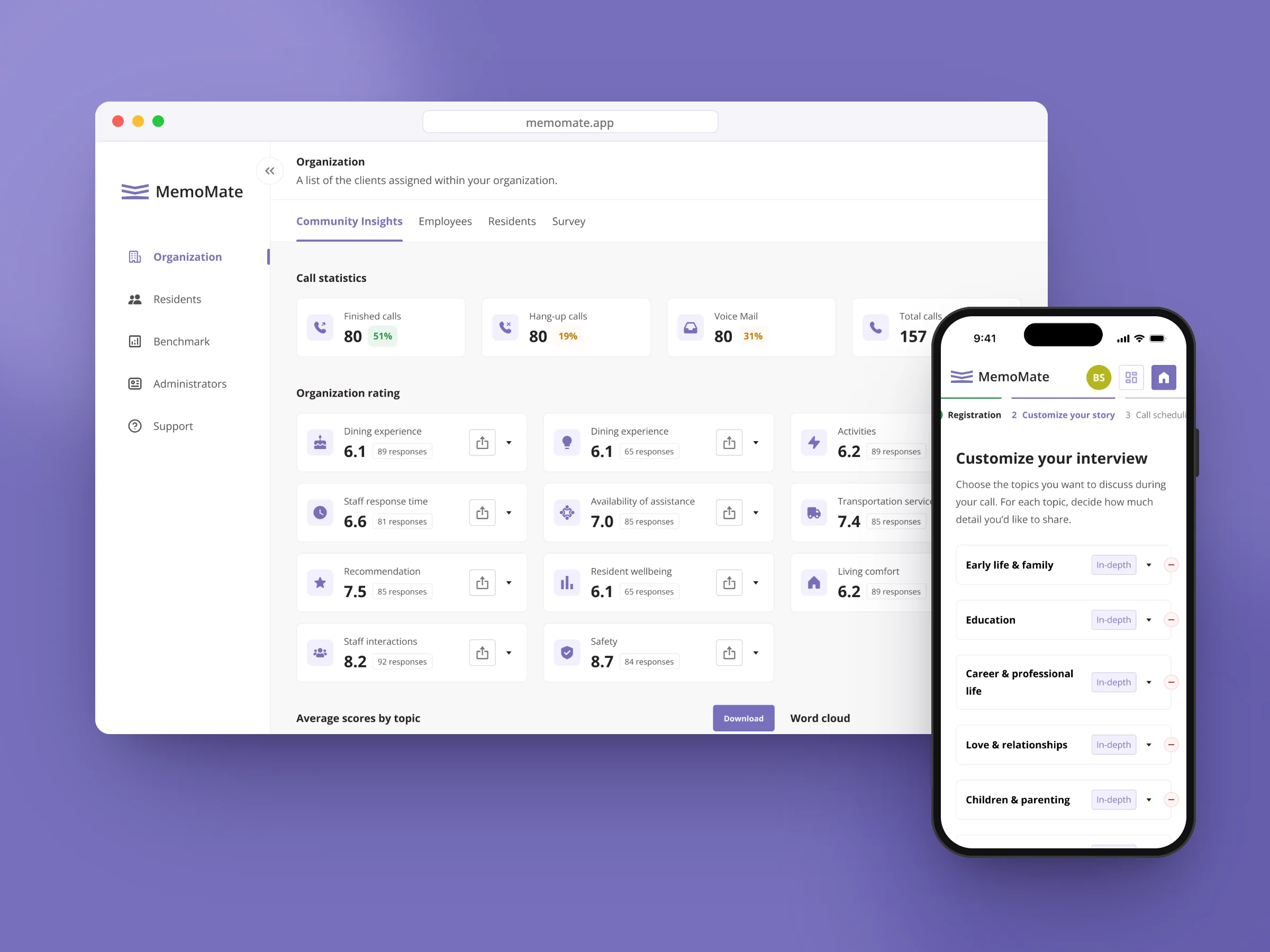MemoMate community insights dashboard on desktop and the interview setup on mobile