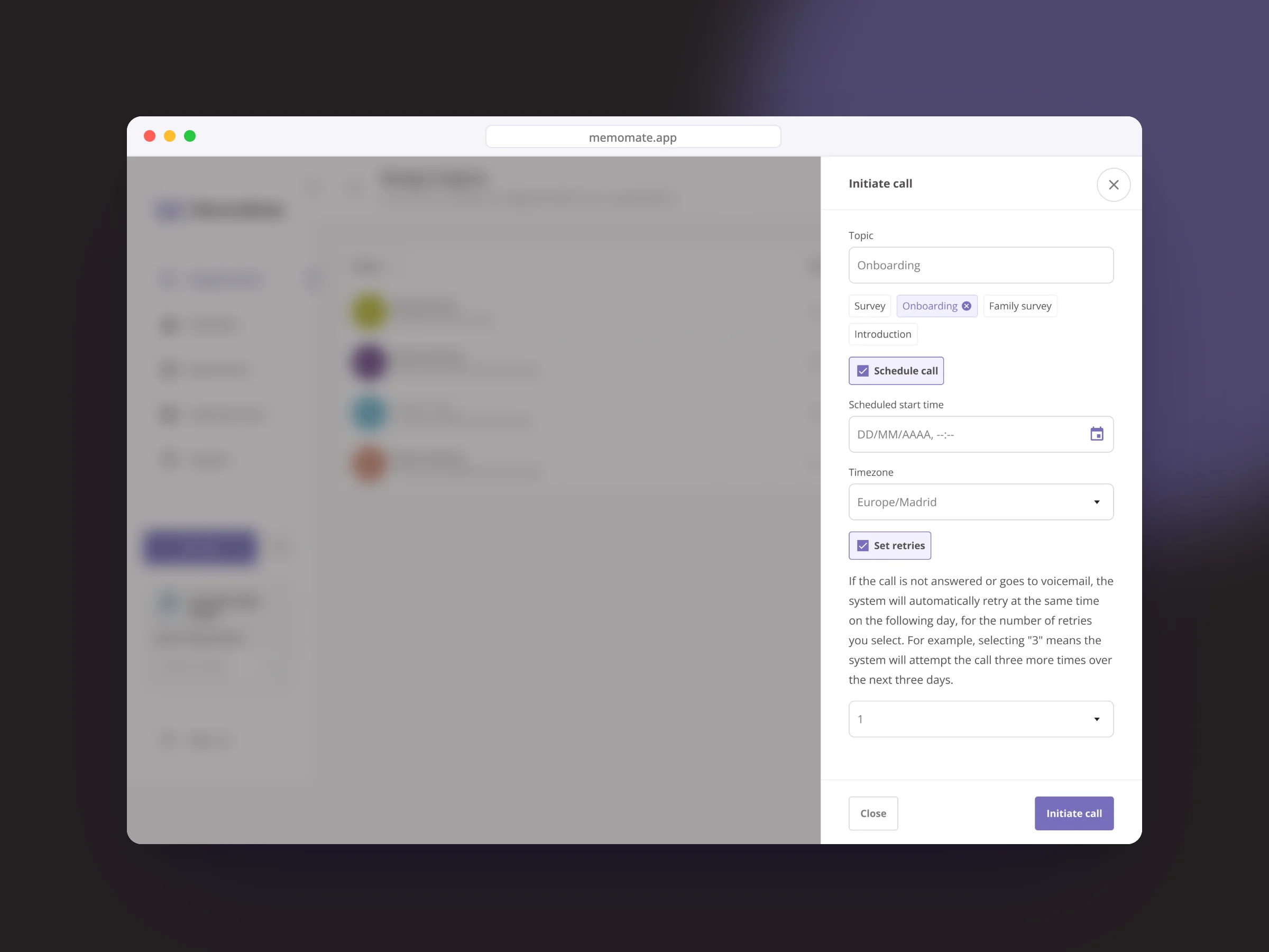 MemoMate desktop app with the Initiate call panel open
