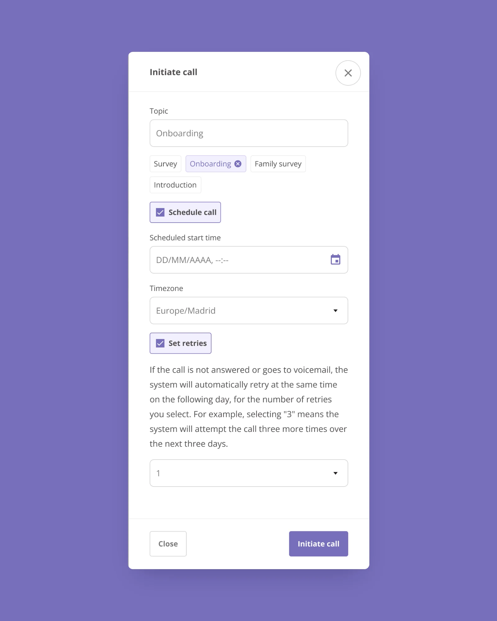 MemoMate Initiate call modal with scheduling and retry options