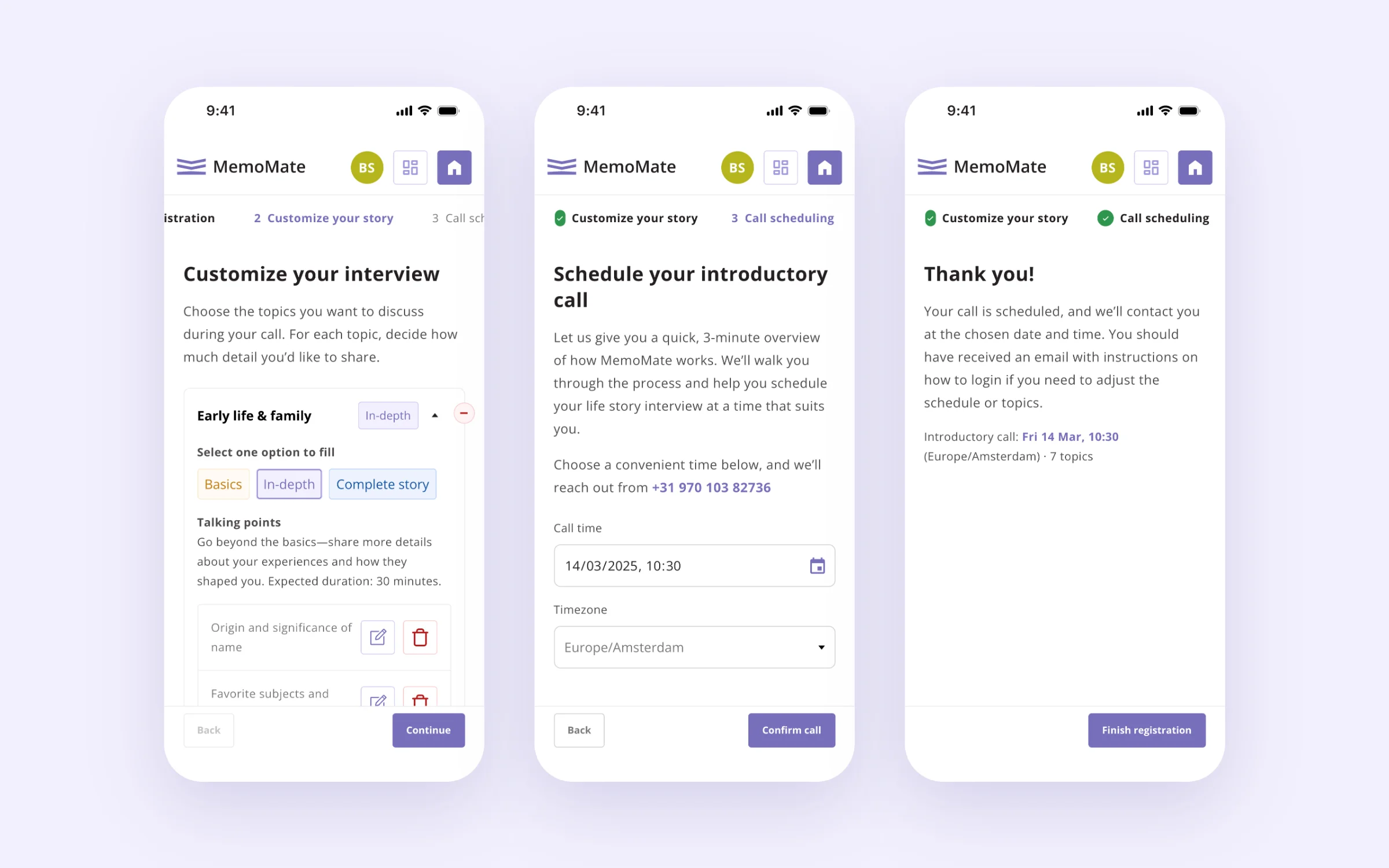 MemoMate mobile interview flow: customise your interview, schedule a call and thank you