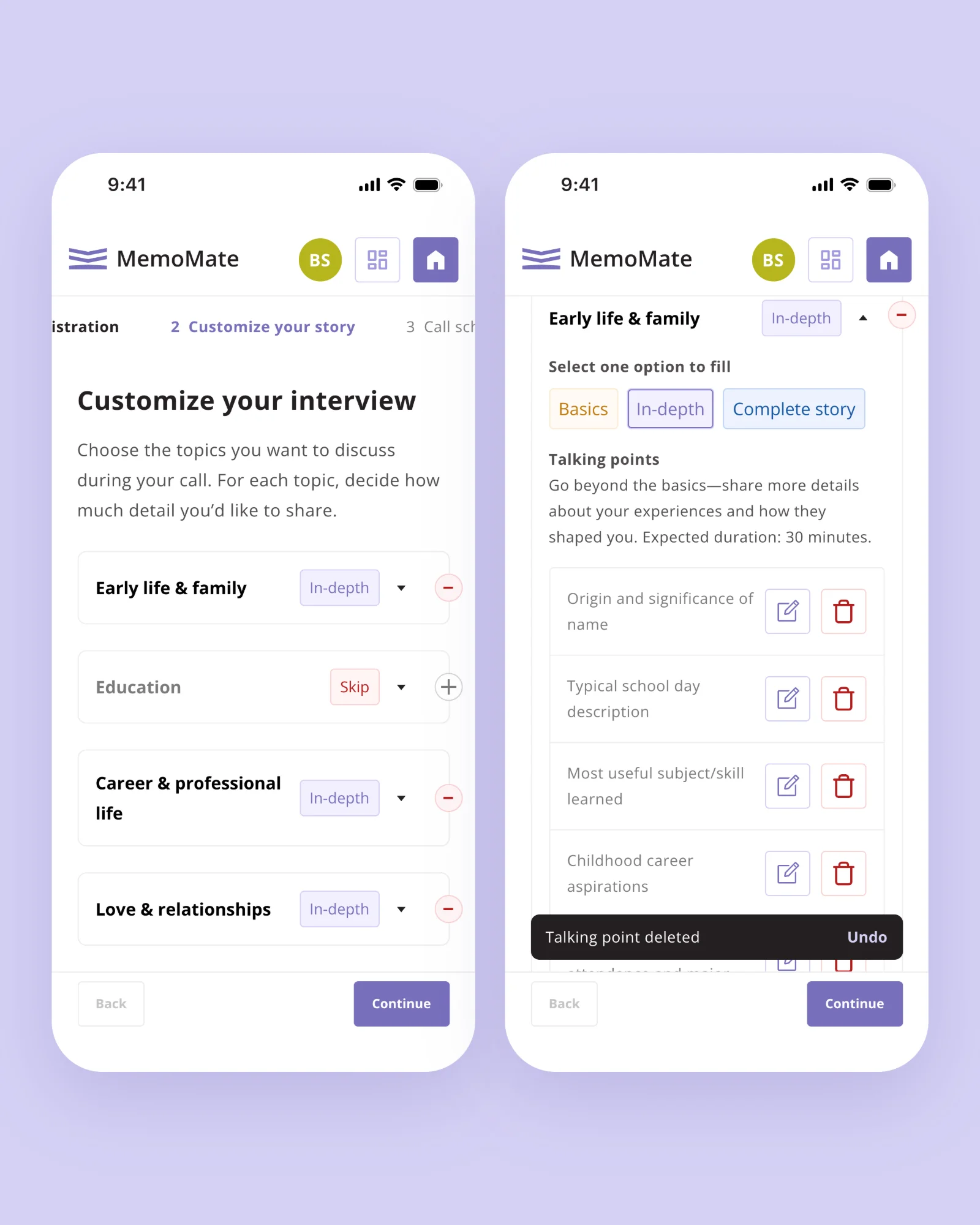 Skipping talking points with an undo option on mobile