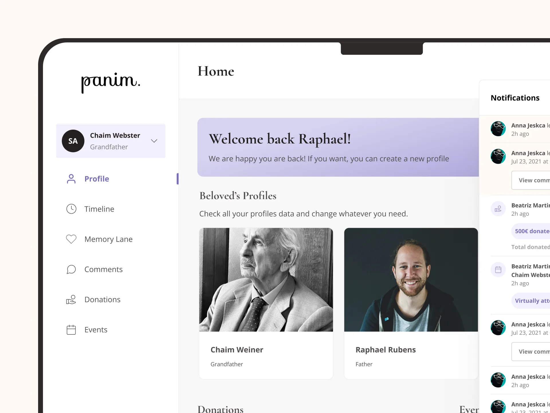 Panim dashboard welcoming the user back, with loved ones’ profiles