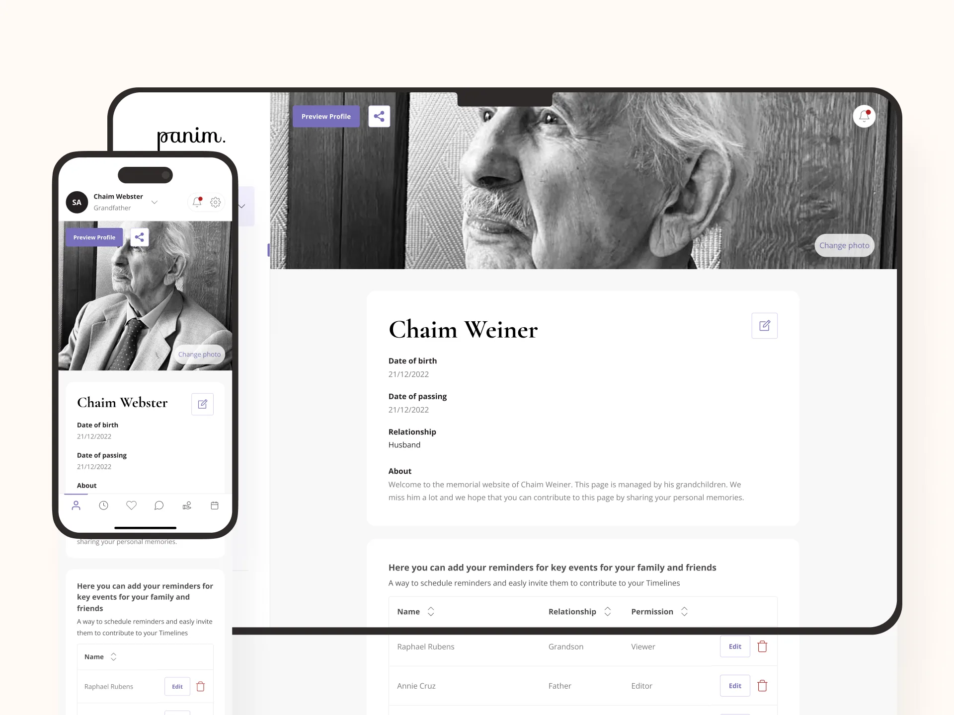 Panim memorial profile of Chaim Weiner on desktop and mobile
