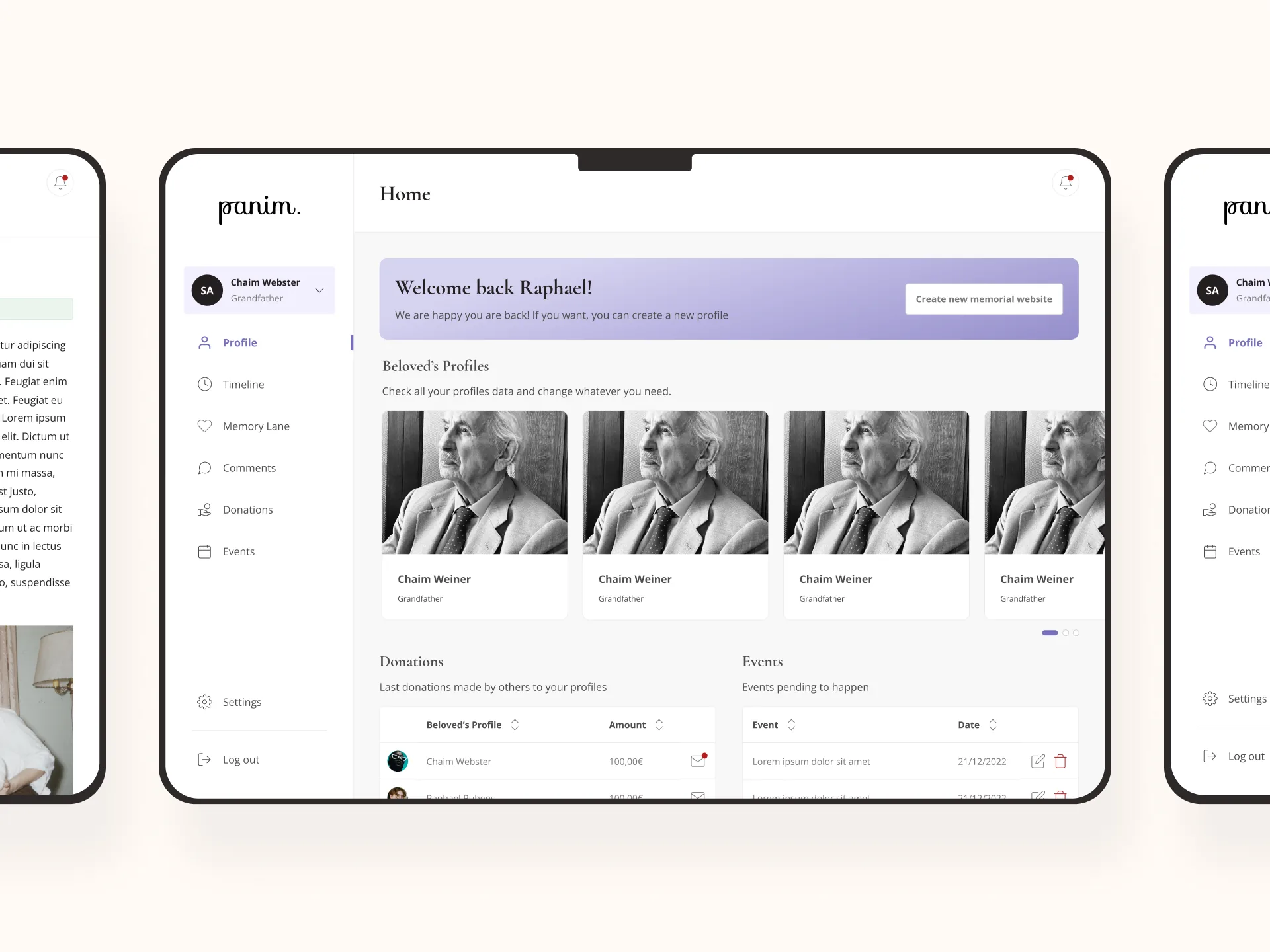 Panim home dashboard with profiles, donations and events
