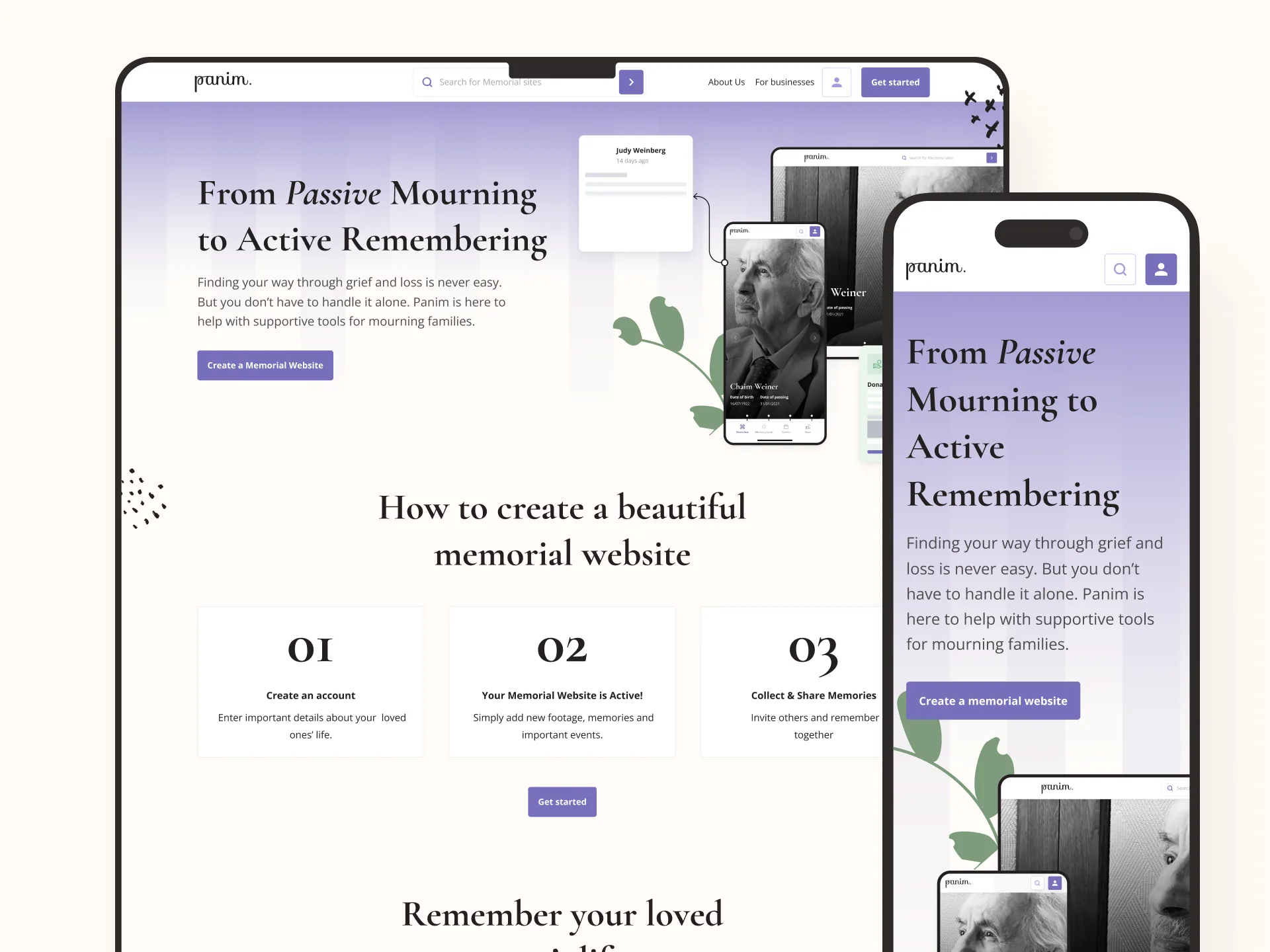 Panim marketing website explaining how to create a memorial website