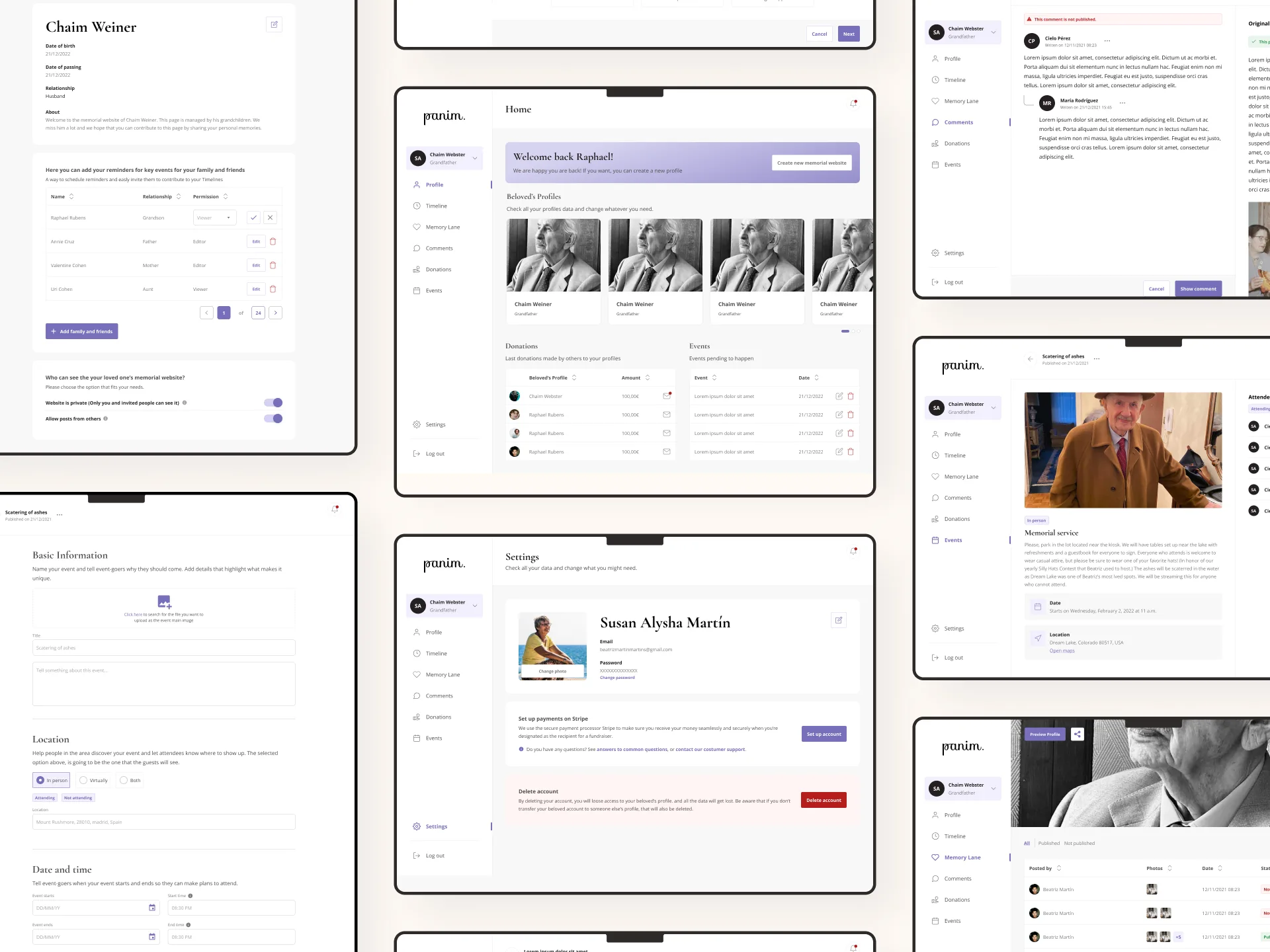 Overview of Panim desktop screens