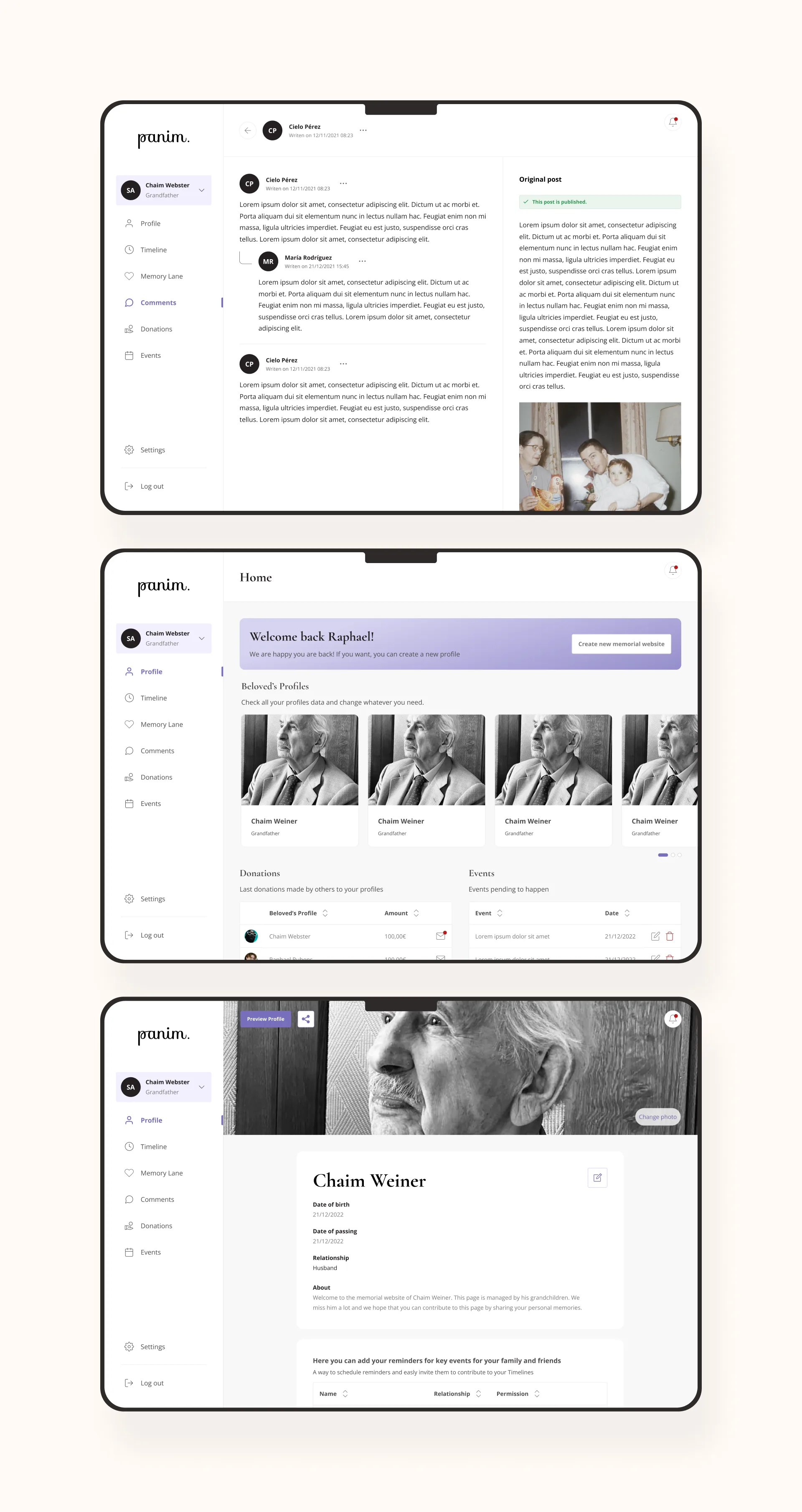 Panim desktop screens: comments, home dashboard and memorial profile