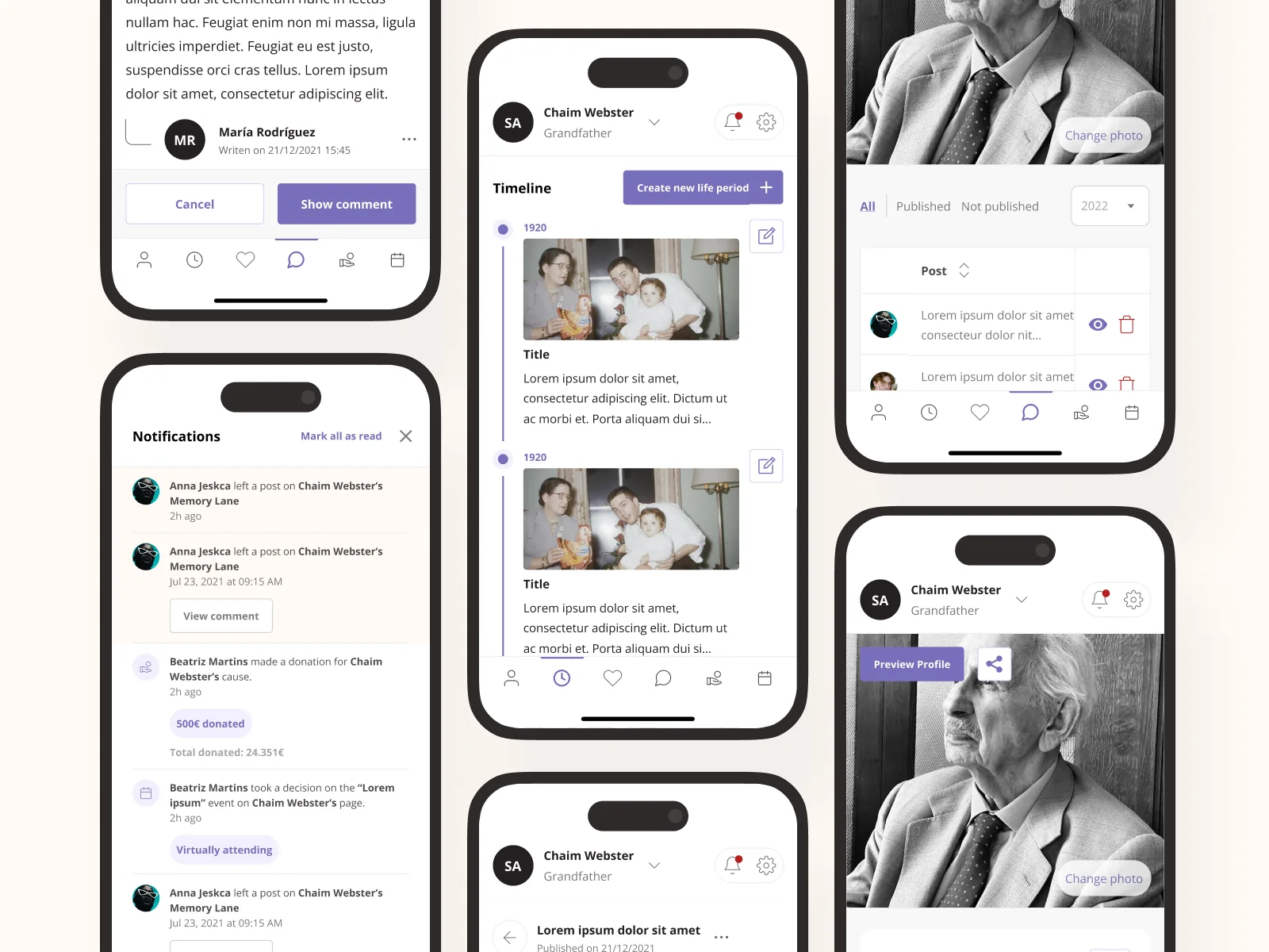 Panim mobile screens: timeline, notifications and profile