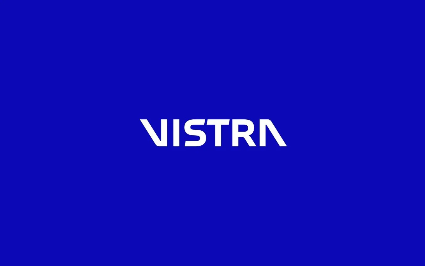 Vistra logo in white on Vistra blue