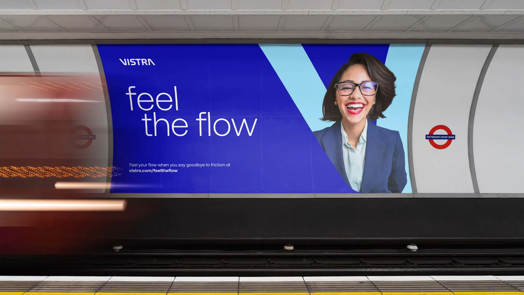 Vistra “feel the flow” campaign poster in a London Underground station