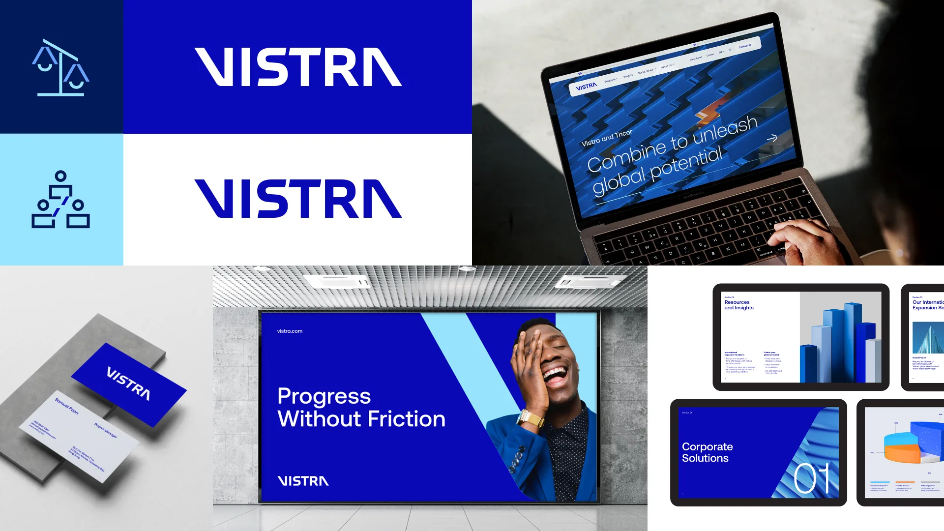 Vistra brand applications: logo, pictograms, business cards, website and reports