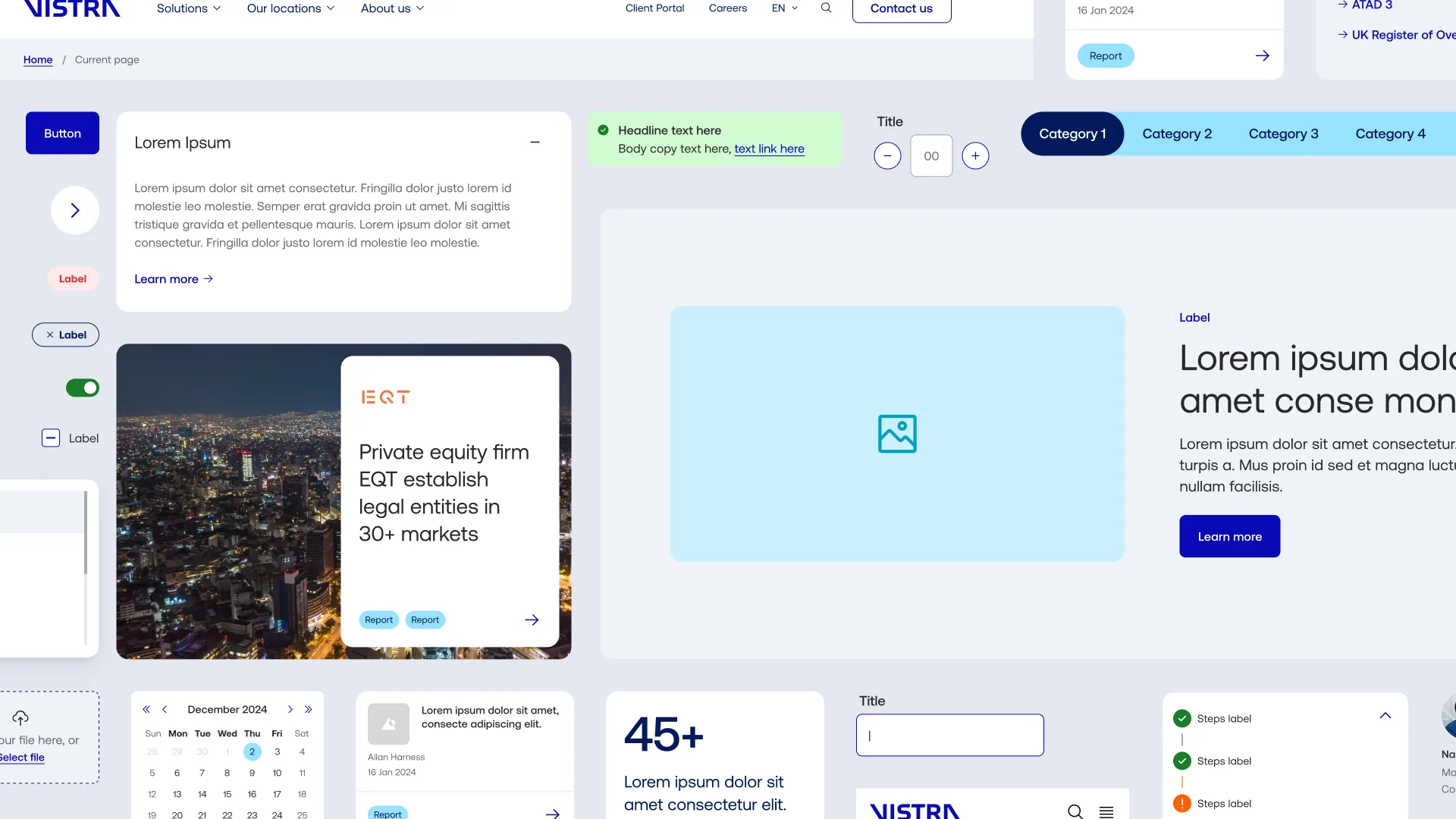 Vistra website components: cards, tabs, calendar, stats and form controls