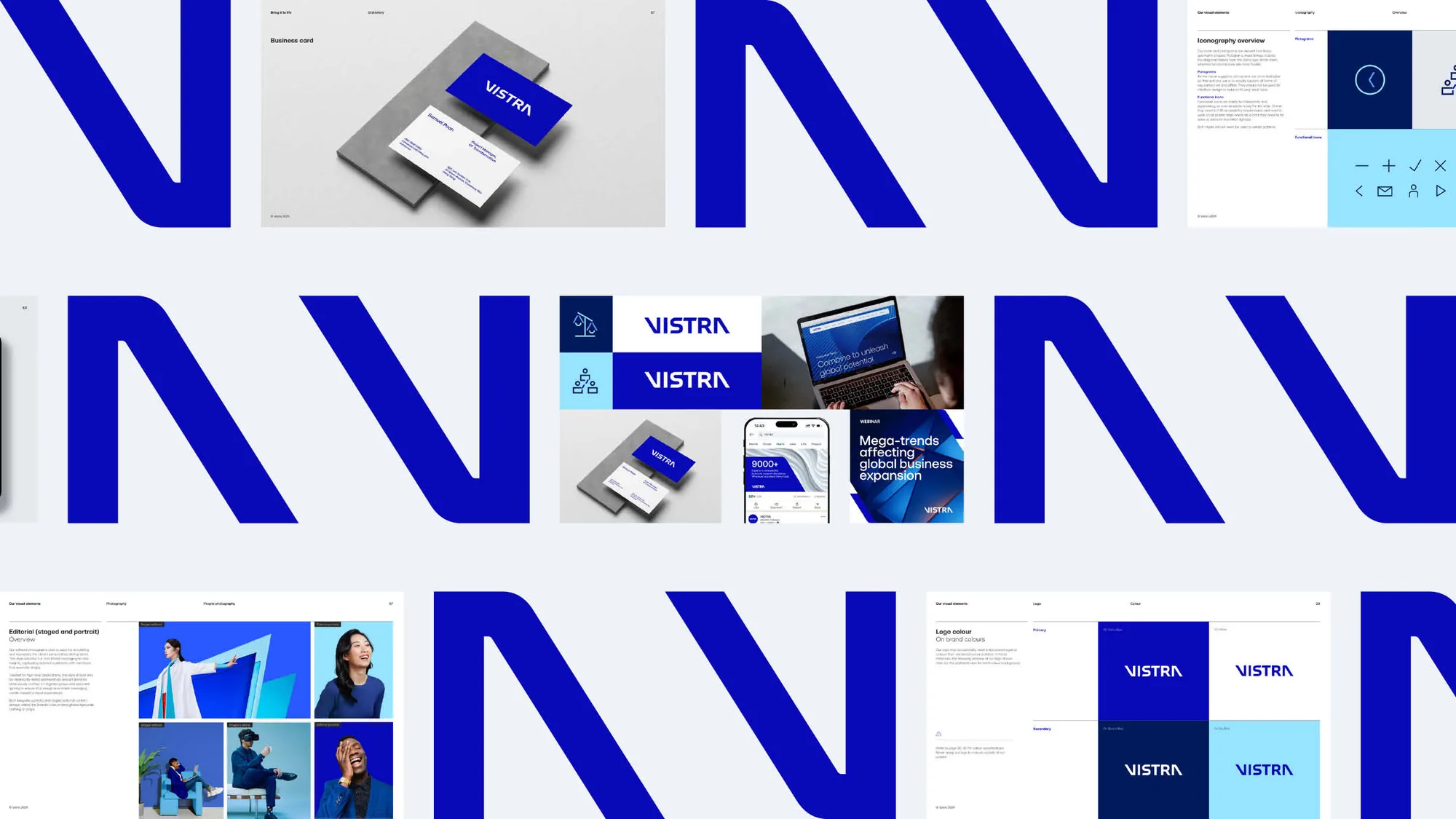 Vistra brand pattern collage with the V shape, stationery and devices