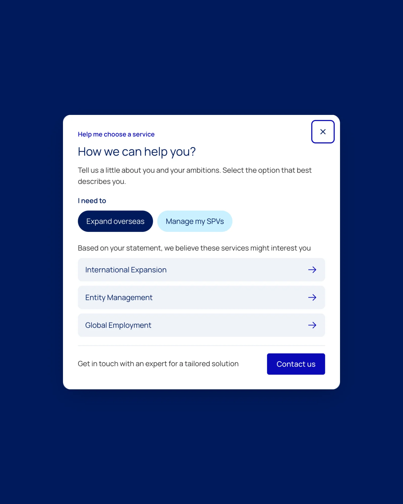 Vistra “Help me choose a service” modal