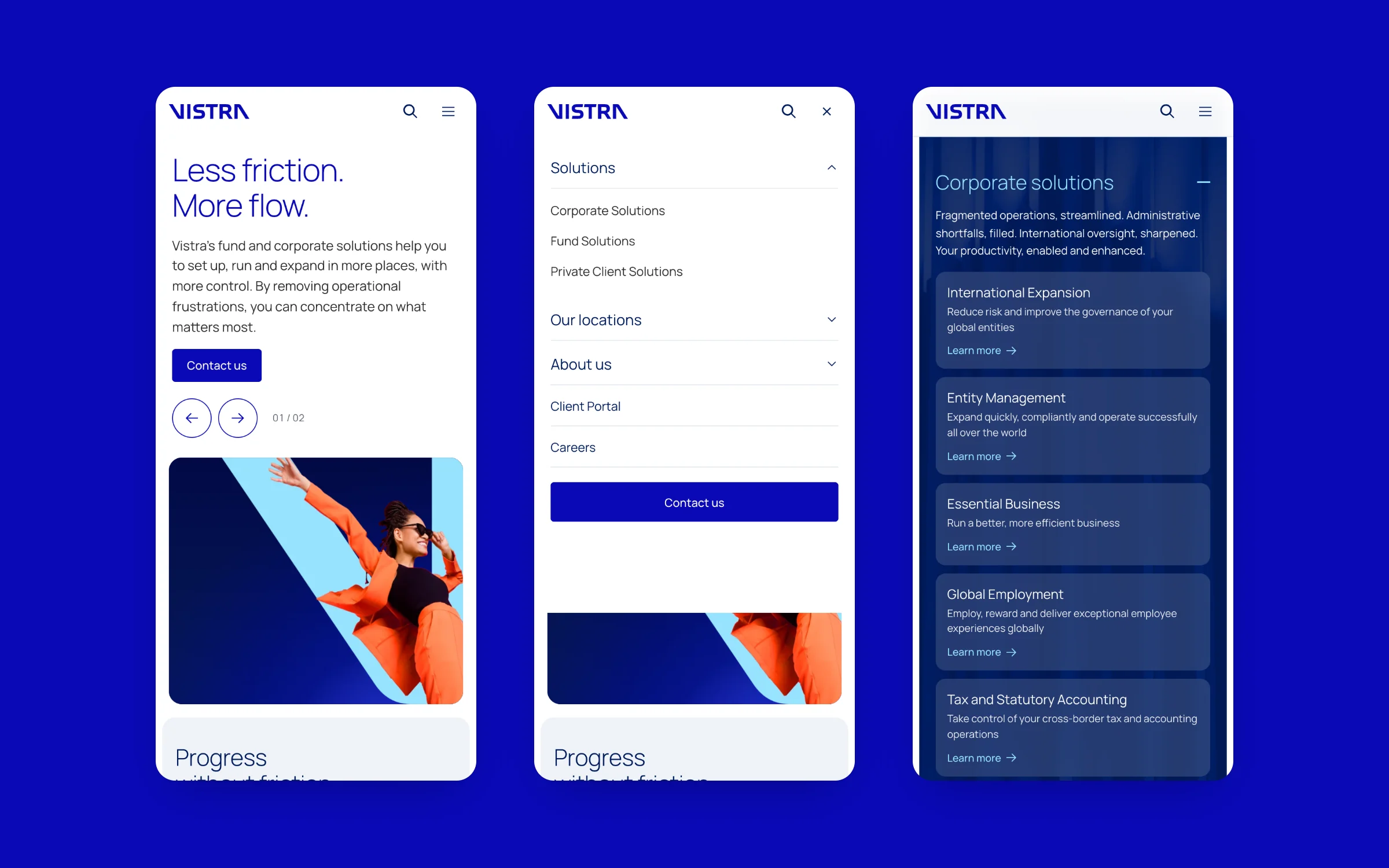 Vistra website on mobile: home, menu and corporate solutions